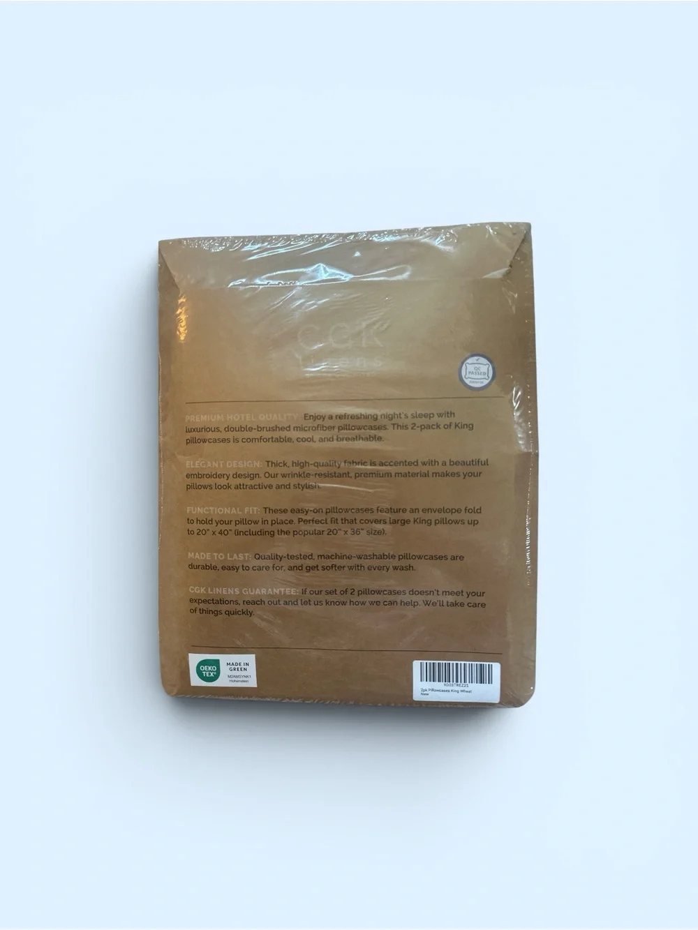 NEW, unopened CGK Linens 2-Piece King Pillowcase Set - Tan/Wheat Microfiber